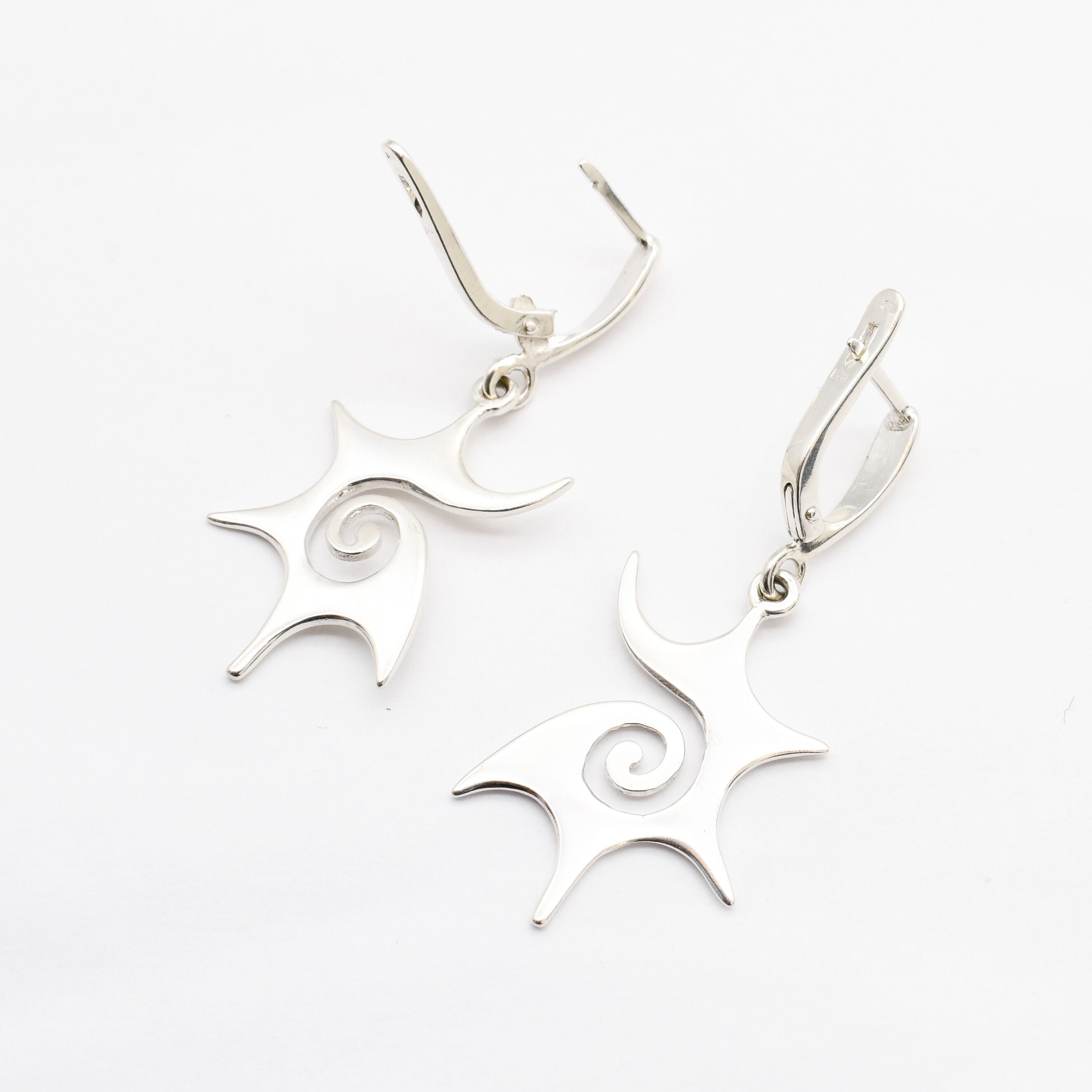 Spiral Sun Earrings, Silver Drop Earrings, Sun Swirl Earrings Back View in White Background