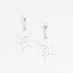 Spiral Sun Earrings, Silver Drop Earrings, Sun Swirl Earrings Front View in White Background