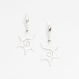Spiral Sun Earrings, Silver Drop Earrings, Sun Swirl Earrings Front View in White Background