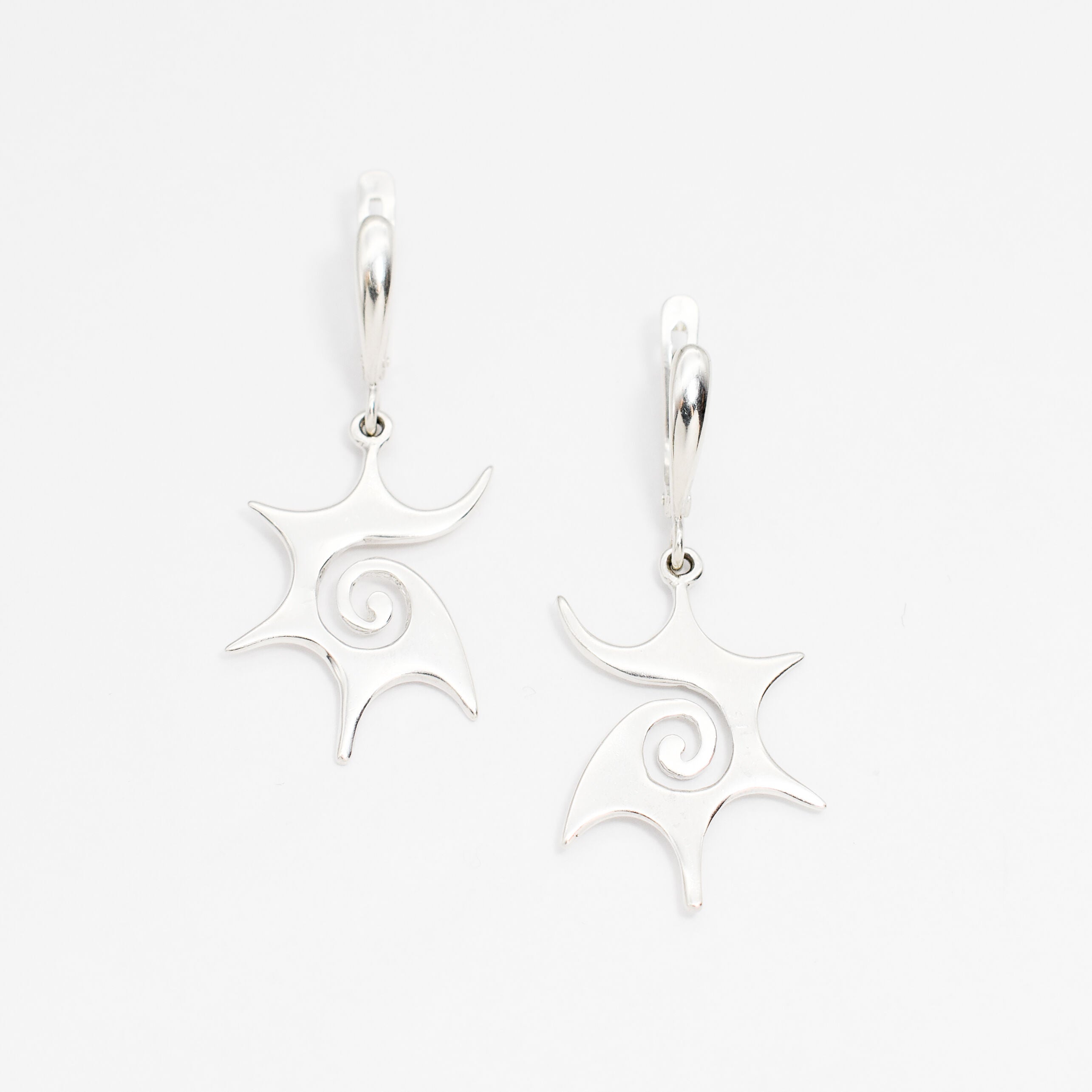 Spiral Sun Earrings, Silver Drop Earrings, Sun Swirl Earrings Front View in White Background