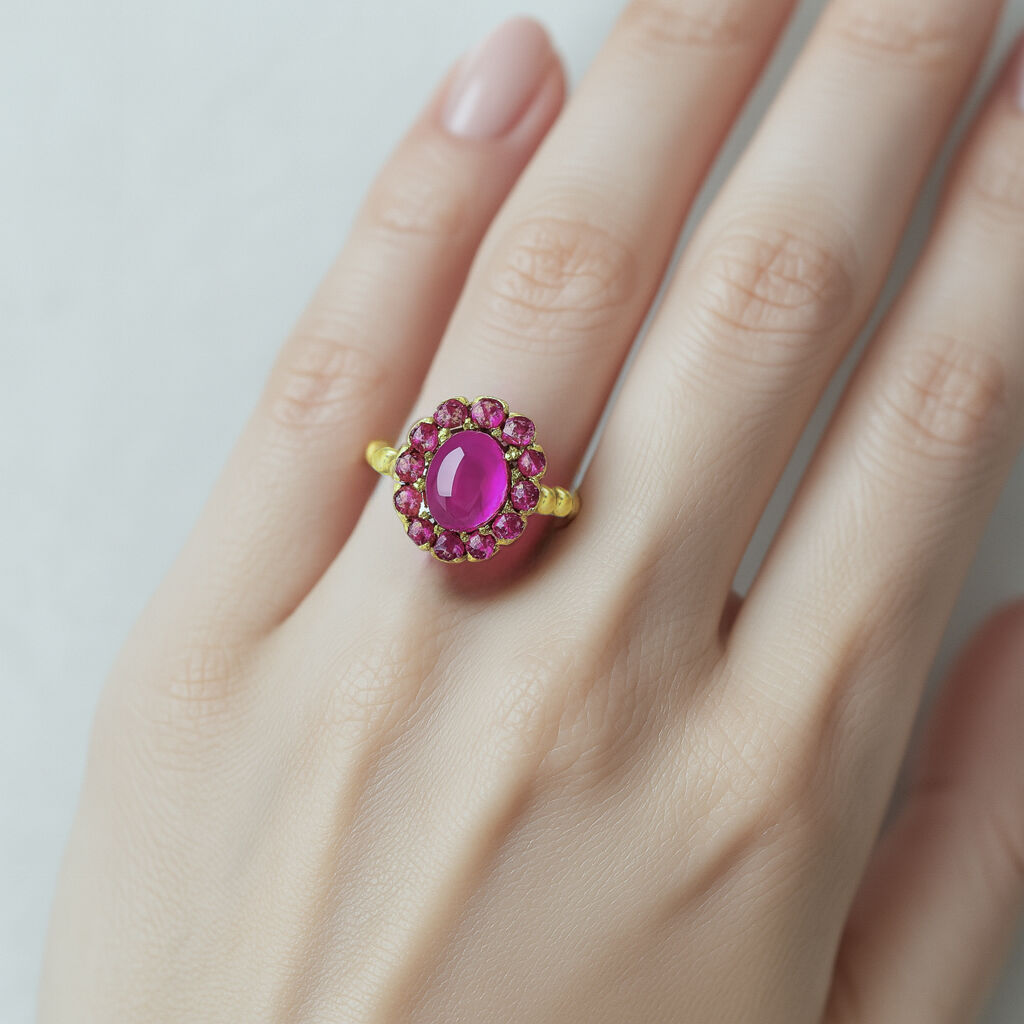 18k Gold Vermeil Ruby Ring with Oval Created Red Ruby, Halo setting, symbolizes passion and elegance, perfect for any occasion.