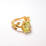 Green Peridot Ring - Oval Peridot Ring - Gold Leaves Ring