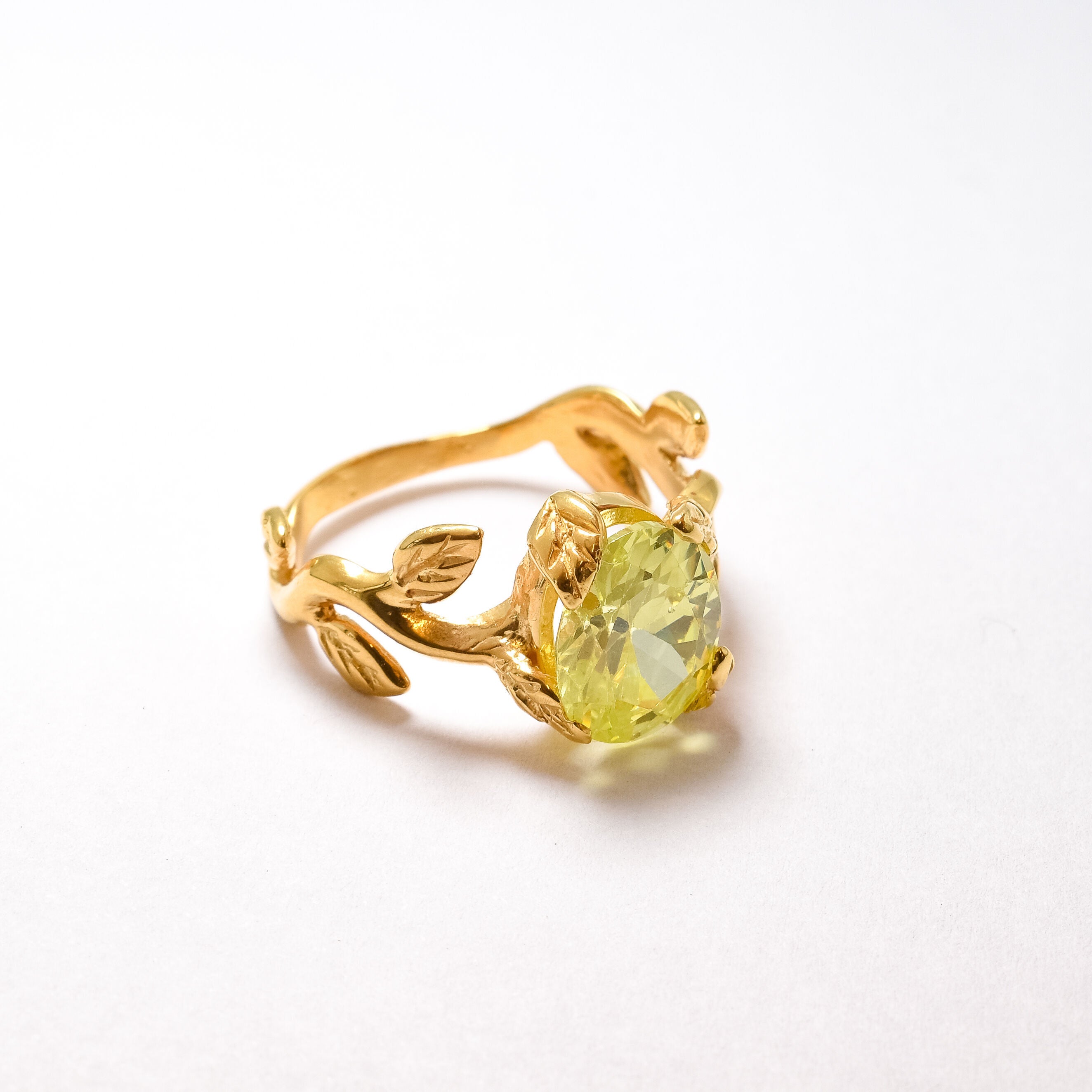 Green Peridot Ring - Oval Peridot Ring - Gold Leaves Ring