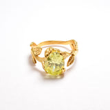 Green Peridot Ring - Oval Peridot Ring - Gold Leaves Ring