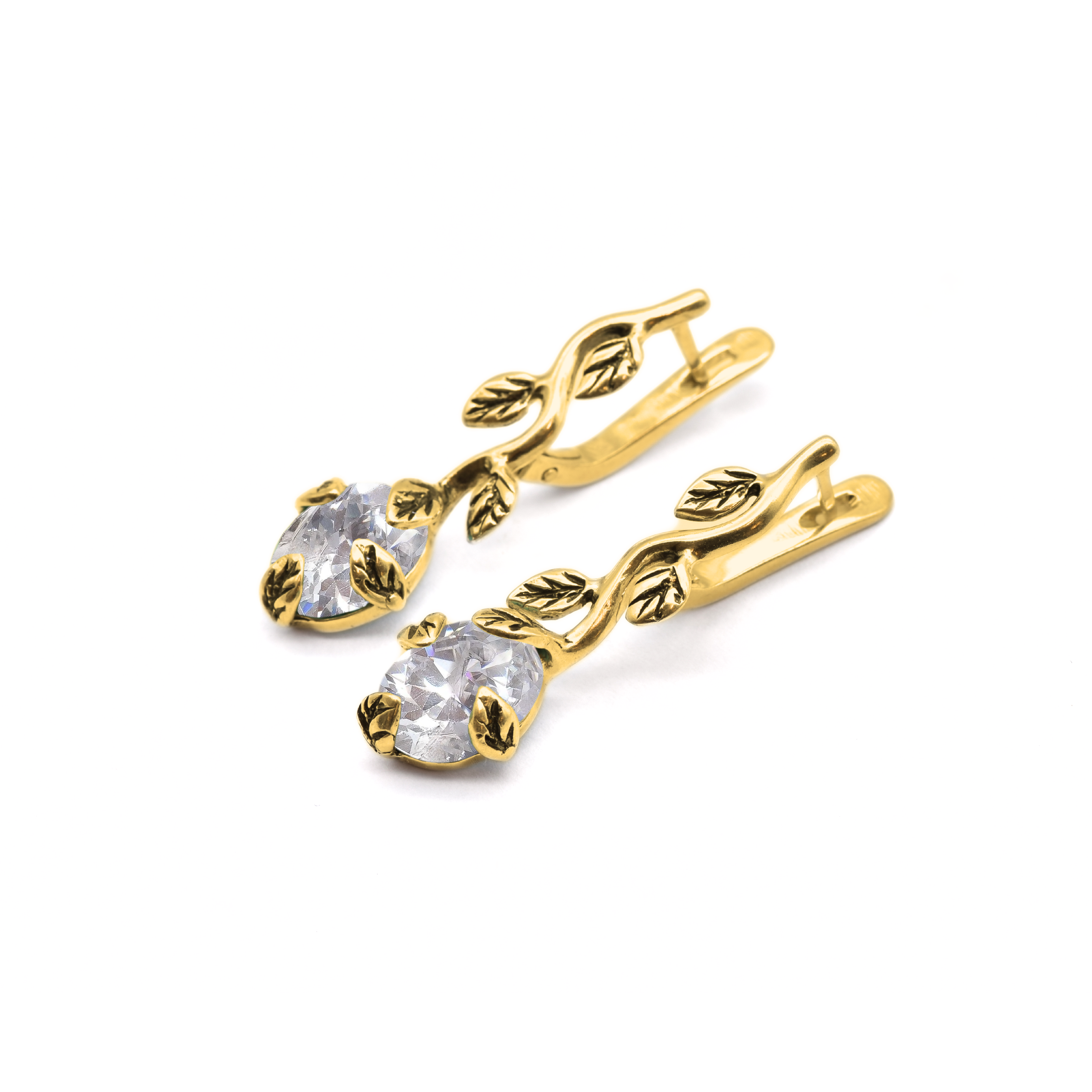 Gold Diamond Earrings - Vintage Leaves Earrings - Diamond Bridal Earrings