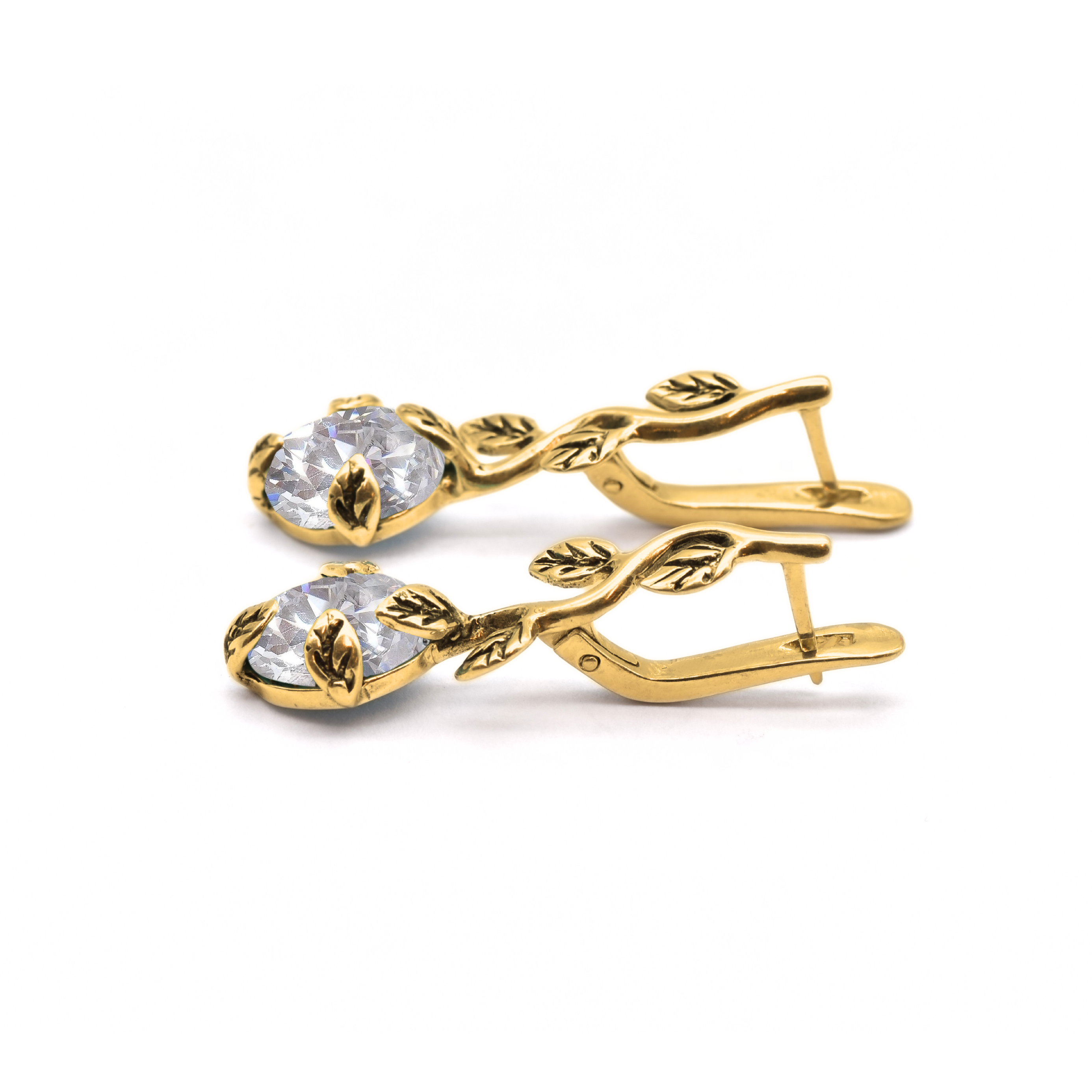 Gold Diamond Earrings - Vintage Leaves Earrings - Diamond Bridal Earrings