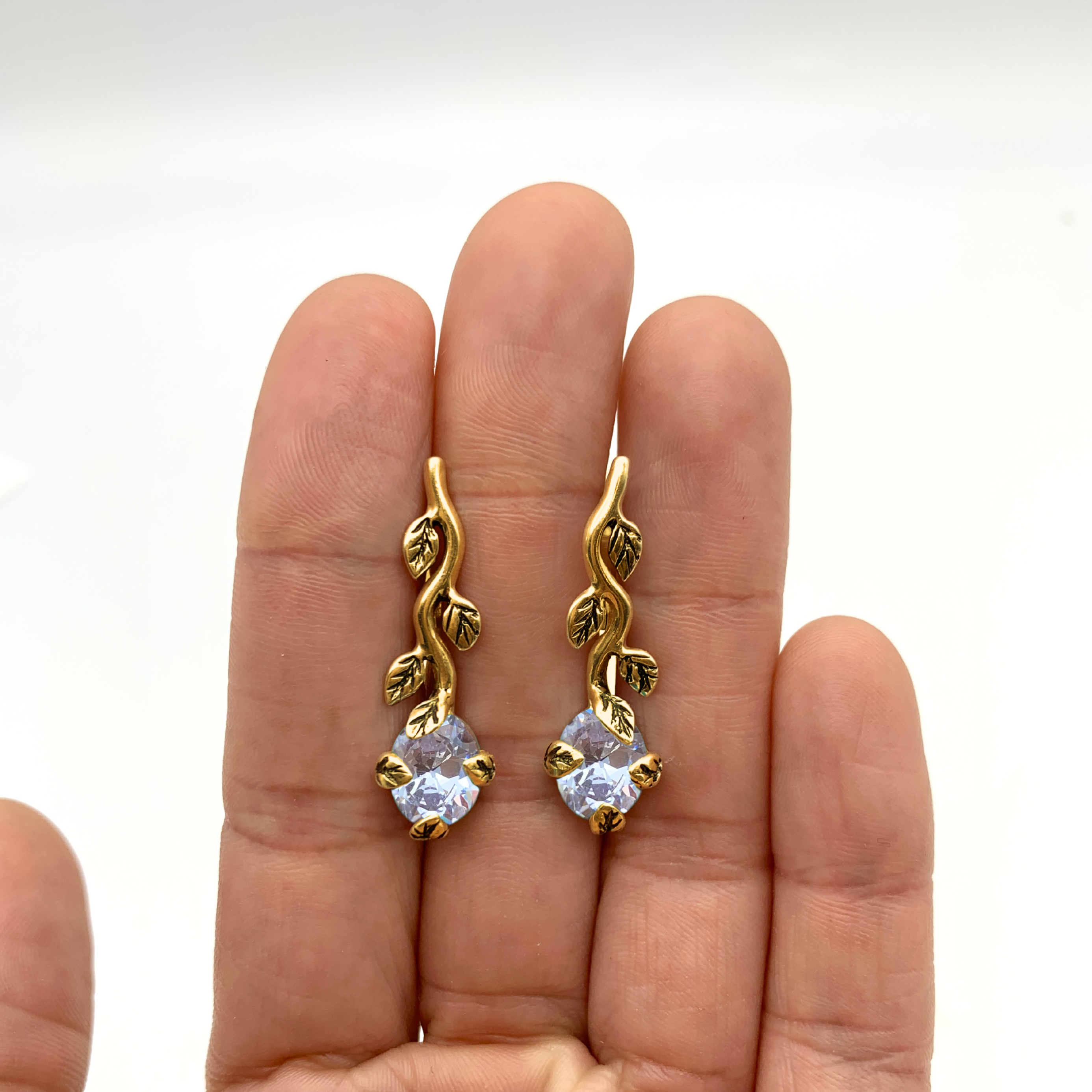 Gold Diamond Earrings - Vintage Leaves Earrings - Diamond Bridal Earrings