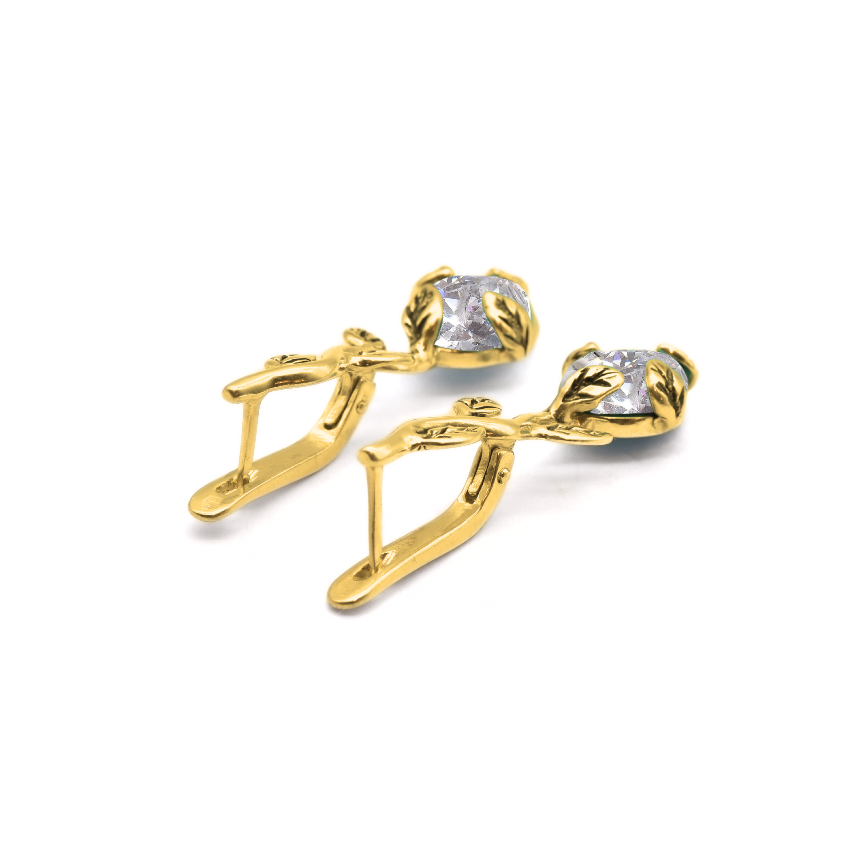 Gold Diamond Earrings - Vintage Leaves Earrings - Diamond Bridal Earrings