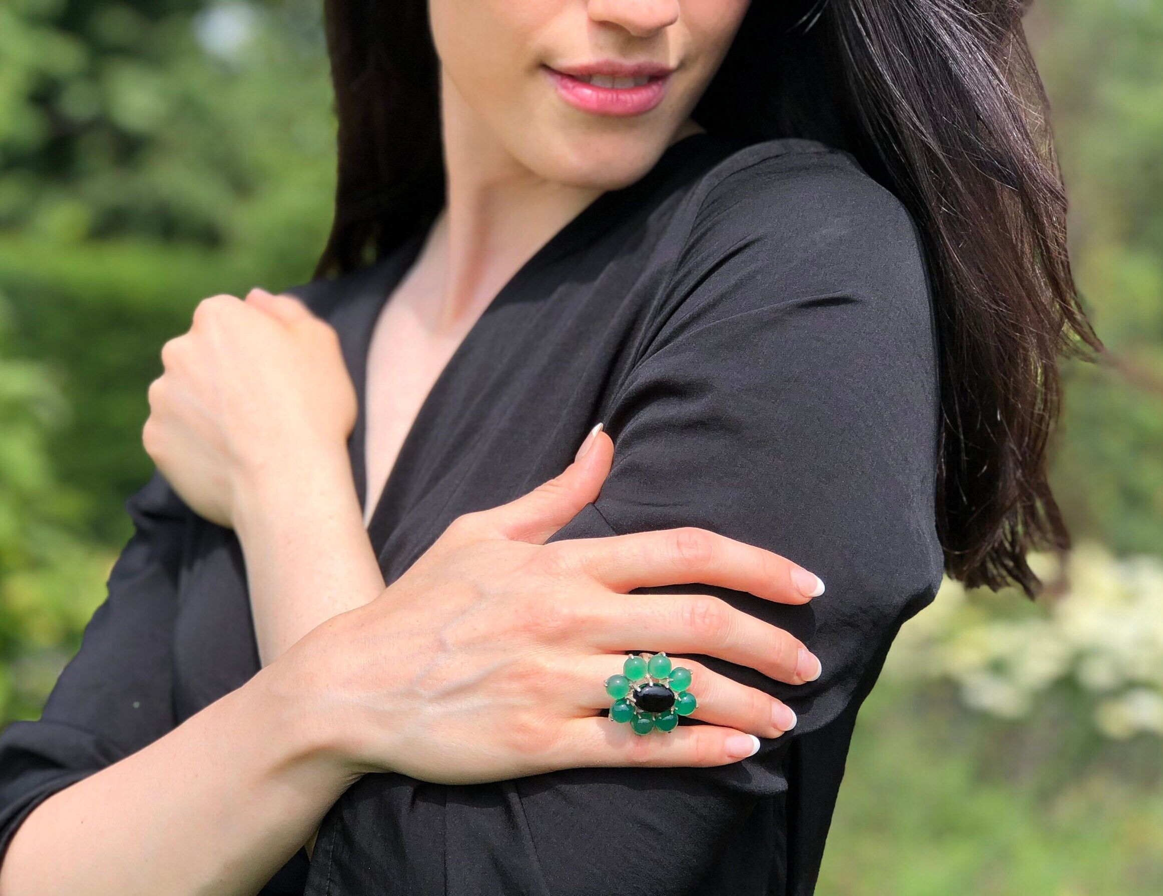 Onyx Flower Ring - Large Emerald Ring - Green Statement Ring