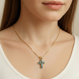 Aquamarine Cross Pendant - Gold Aquamarine Necklace - Small Cross Necklace