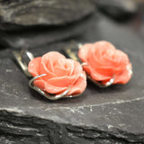 Large Rose Earrings - Coral Earrings - Vintage Flower Earrings