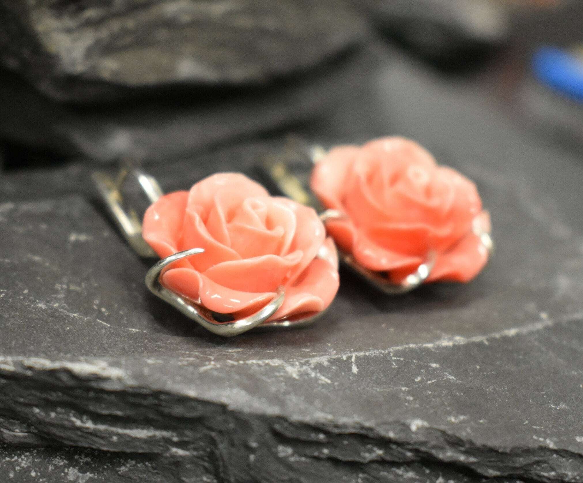 Large Rose Earrings - Coral Earrings - Vintage Flower Earrings