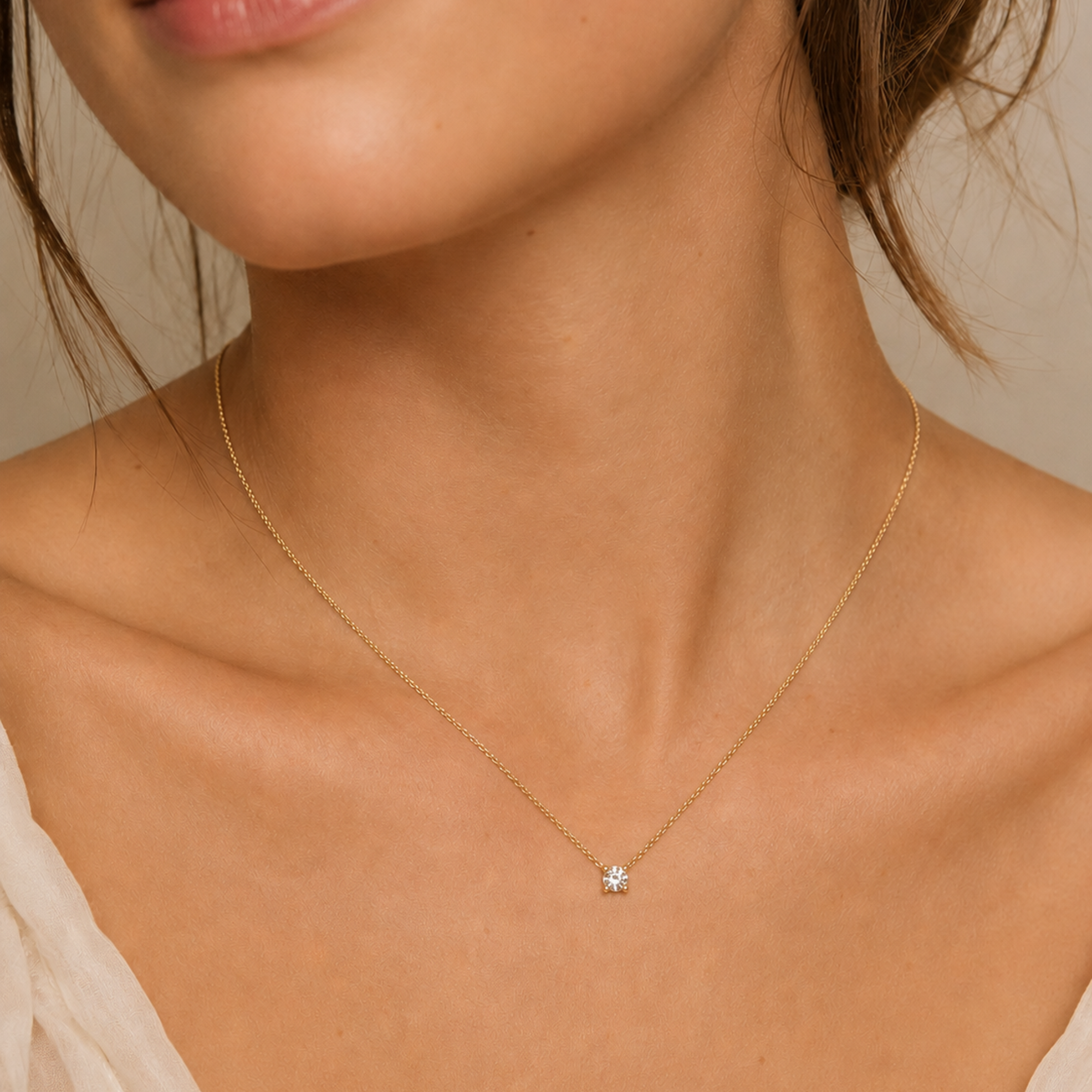 14k yellow gold necklace with natural white diamond in prong setting, April birthstone gift symbol of commitment & purity