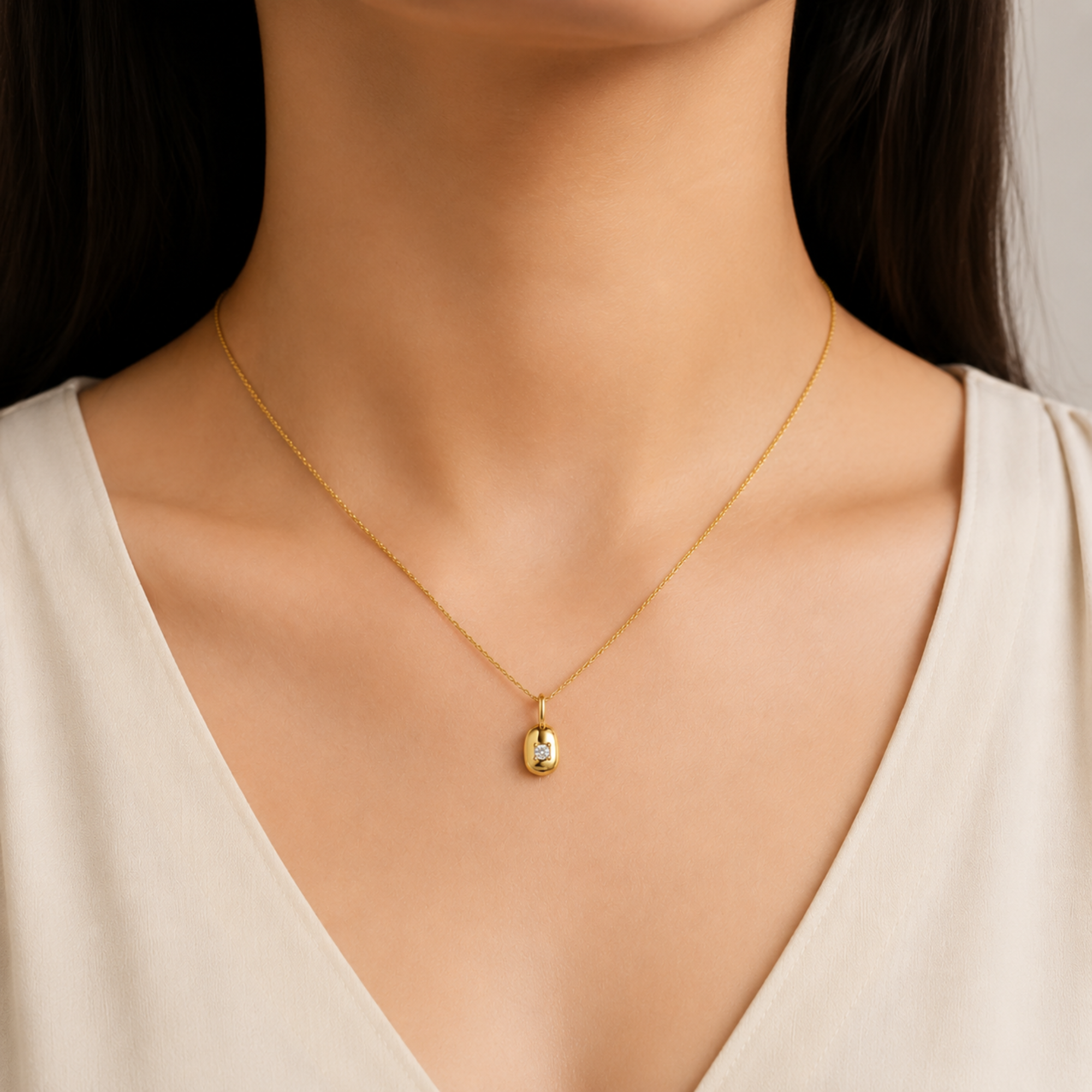 14k yellow gold necklace with natural white diamond in prong setting, April birthstone gift, symbolizes strength and purity.