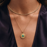 Gold Natural Chrysoprase Necklace - Gold Coin Amulet Pendant - Green Spiral Infinity Necklace