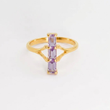 Amethyst baguette three-stone ring in 18k gold vermeil, purple trilogy cocktail ring ideal for birthday gifting