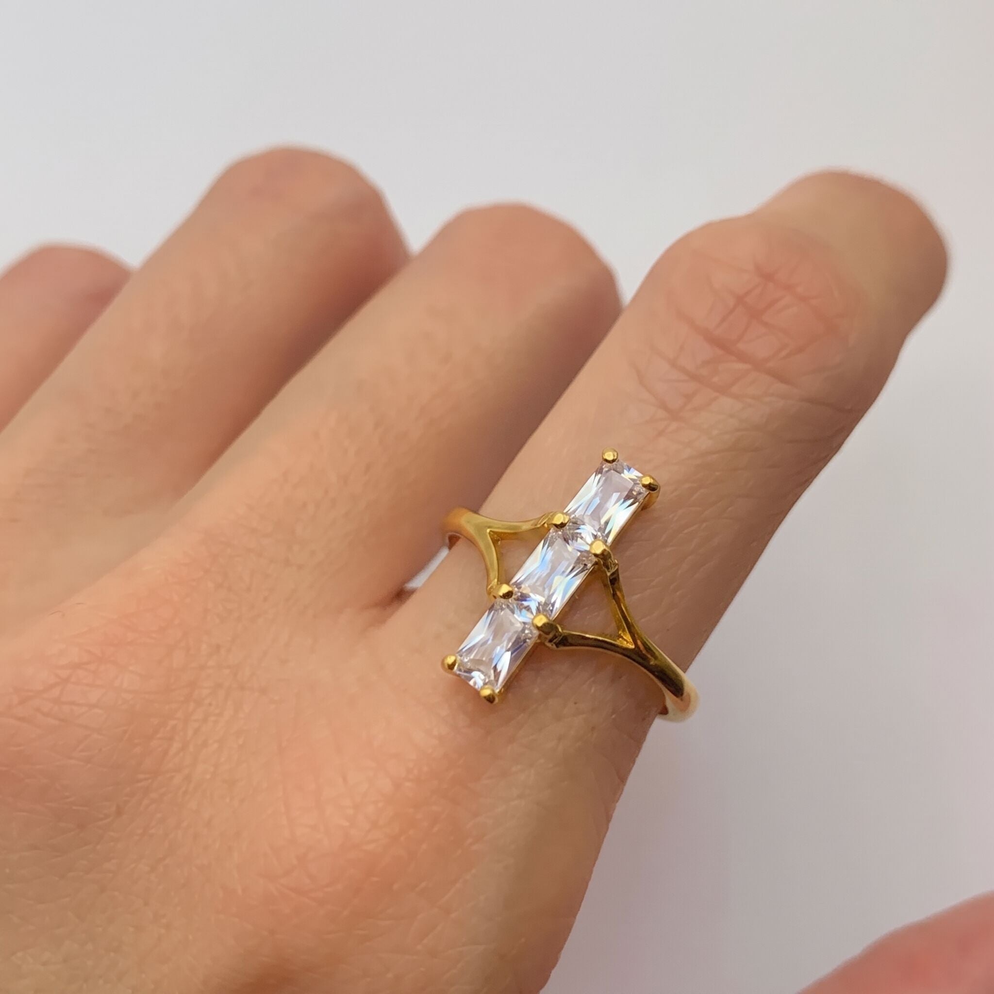 18k gold vermeil three-stone created white CZ ring - April birthstone, elegant everyday and special-occasion gift.