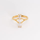 18k gold vermeil three-stone ring with created white CZ, April birthstone, ideal for everyday wear and birthday gifts.