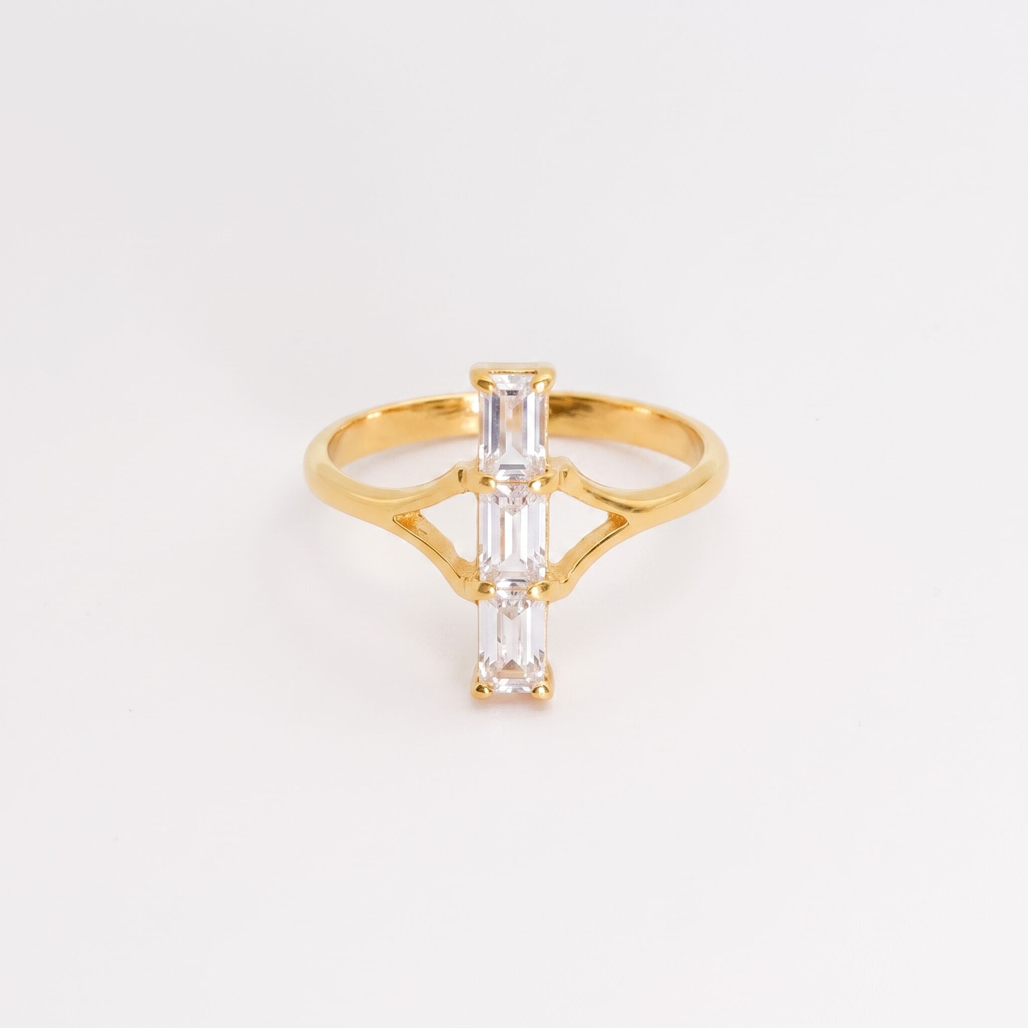 18k gold vermeil three-stone ring with created white CZ, April birthstone, ideal for everyday wear and birthday gifts.