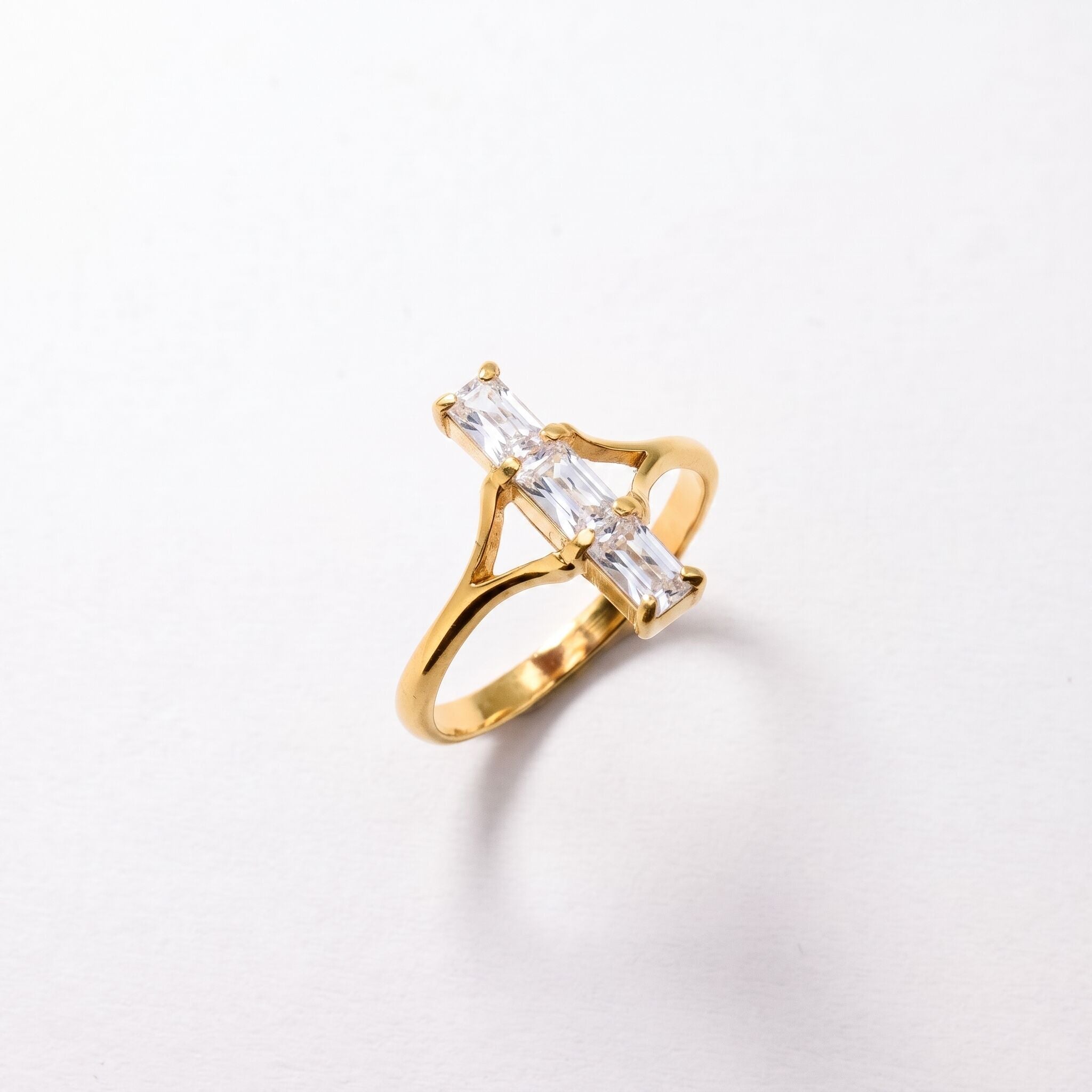 Created CZ Ring made in 18k Gold Vermeil with Created white CZ in Three-Stone setting, April Birthstone gift idea, symbolizes, ideal for everyday wear and perfect for birthday gifting and special occasions.
