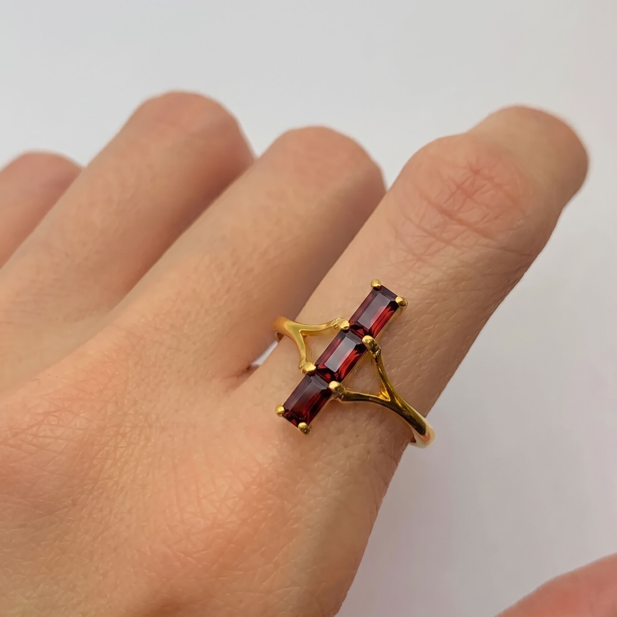 18k gold vermeil garnet ring with natural red garnet in prong setting, January birthstone gift; symbol of love & commitment