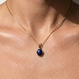Gold Lapis Lazuli Necklace - Natural Blue Gemstone Pendant - Oval Cabochon Classic Jewelry