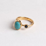 Gold Bezel Turquoise Ring - Turquoise Sapphire Two Stone Ring - Teal Blue Oval Ring