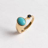 Gold Bezel Turquoise Ring - Turquoise Sapphire Two Stone Ring - Teal Blue Oval Ring
