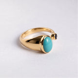 Gold Bezel Turquoise Ring - Turquoise Sapphire Two Stone Ring - Teal Blue Oval Ring