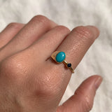 Gold Bezel Turquoise Ring - Turquoise Sapphire Two Stone Ring - Teal Blue Oval Ring