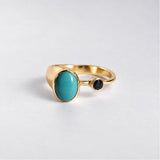 Gold Bezel Turquoise Ring - Turquoise Sapphire Two Stone Ring - Teal Blue Oval Ring