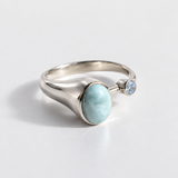 Larimar Aquamarine Two Stone Ring - Beze Set Oval Cabochon Ring - Blue Gemstone Ring