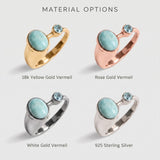 Adina Stone material options for 925 Sterling Silver, 18K Yellow Gold Vermeil, 18K White Gold Vermeil, 18K Rose Gold Vermeil.