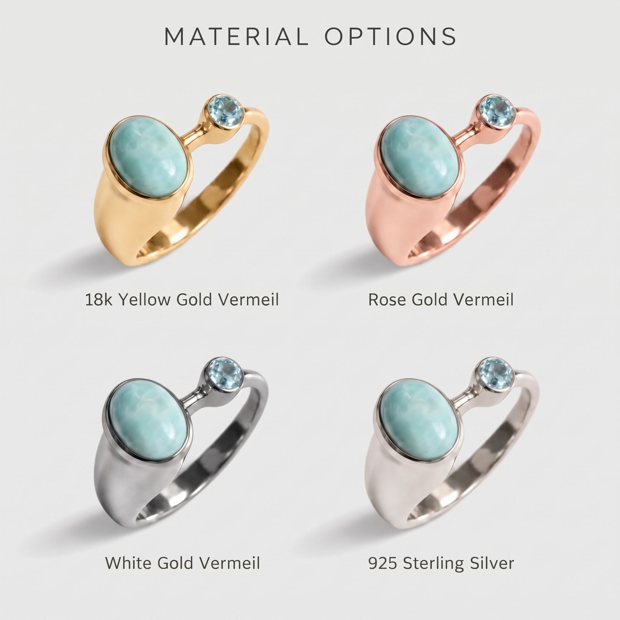 Adina Stone material options for 925 Sterling Silver, 18K Yellow Gold Vermeil, 18K White Gold Vermeil, 18K Rose Gold Vermeil.
