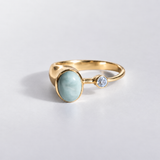 Gold Natural Larimar Ring - Two Stone Bezel Ring - Aquamarine Asymmetrical Ring