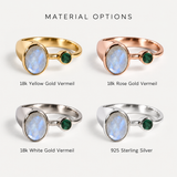 Close-up of oval rainbow moonstone bezel ring in 925 silver, June birthstone gift, symbolizes hope, ideal for everyday wear