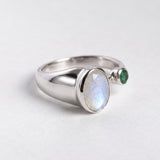 Natural oval rainbow moonstone ring in 925 sterling silver bezel, June birthstone symbolizing hope, healing and protection