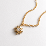 14K Natural Diamond Starburst Necklace - 14k Solid Gold Star Pendant - Dainty North Star Necklace