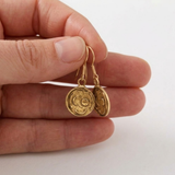 Gold Celestial Coin Drop Earrings - Crescent Moon Medallion Earrings - Round Dangle Earrings