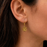 Gold Celestial Coin Drop Earrings - Crescent Moon Medallion Earrings - Round Dangle Earrings