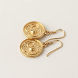 Gold Celestial Coin Drop Earrings - Crescent Moon Medallion Earrings - Round Dangle Earrings