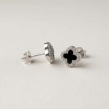 Onyx Clover Stud Earrings - Black Onyx Studs - Four Leaf Clover Studs