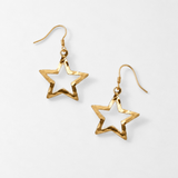 Gold Star Dangling Earrings - Hammered Star Earrings - Open Star Celestial Dangle Earrings