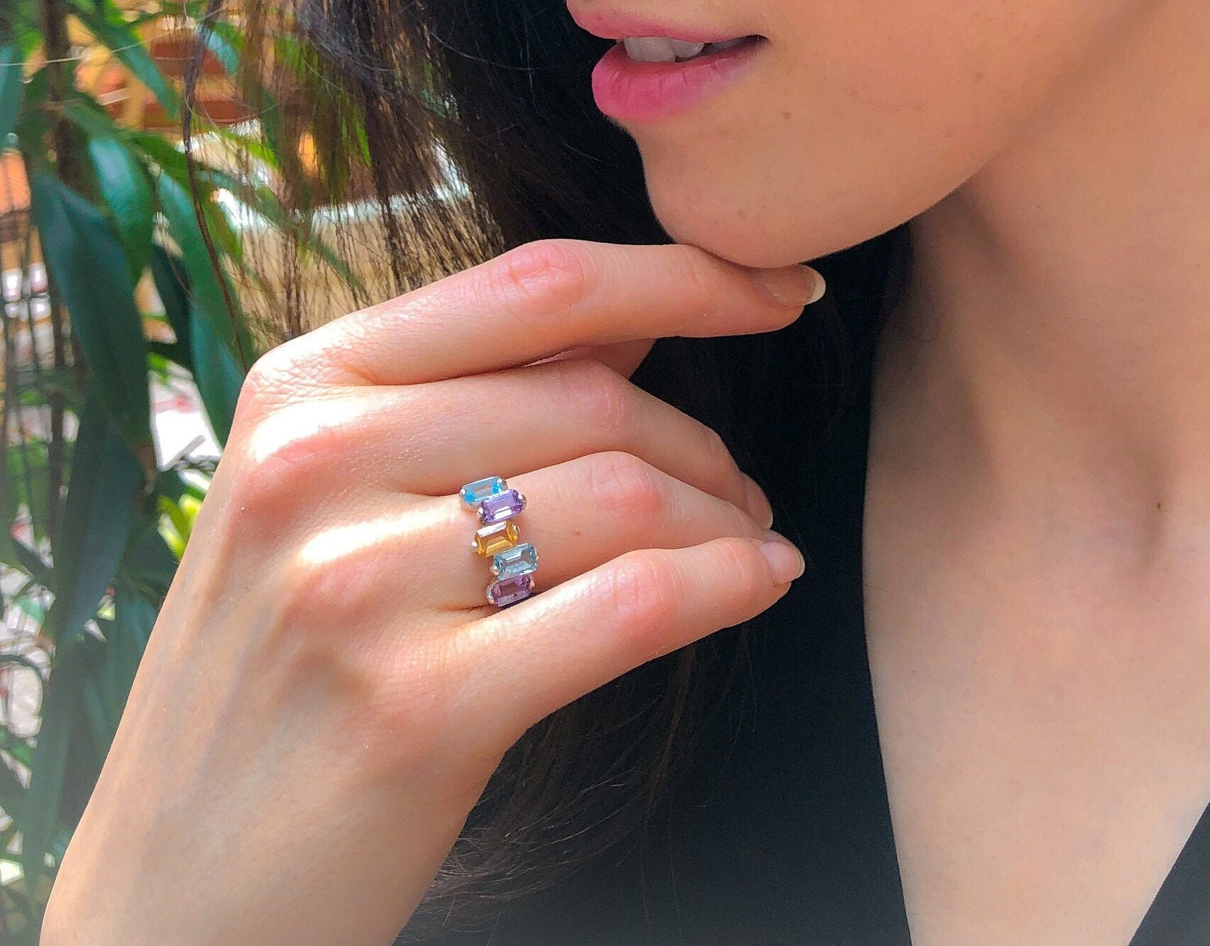 Amethyst, Citrine, and Topaz ring in sleek silver with radiant hues