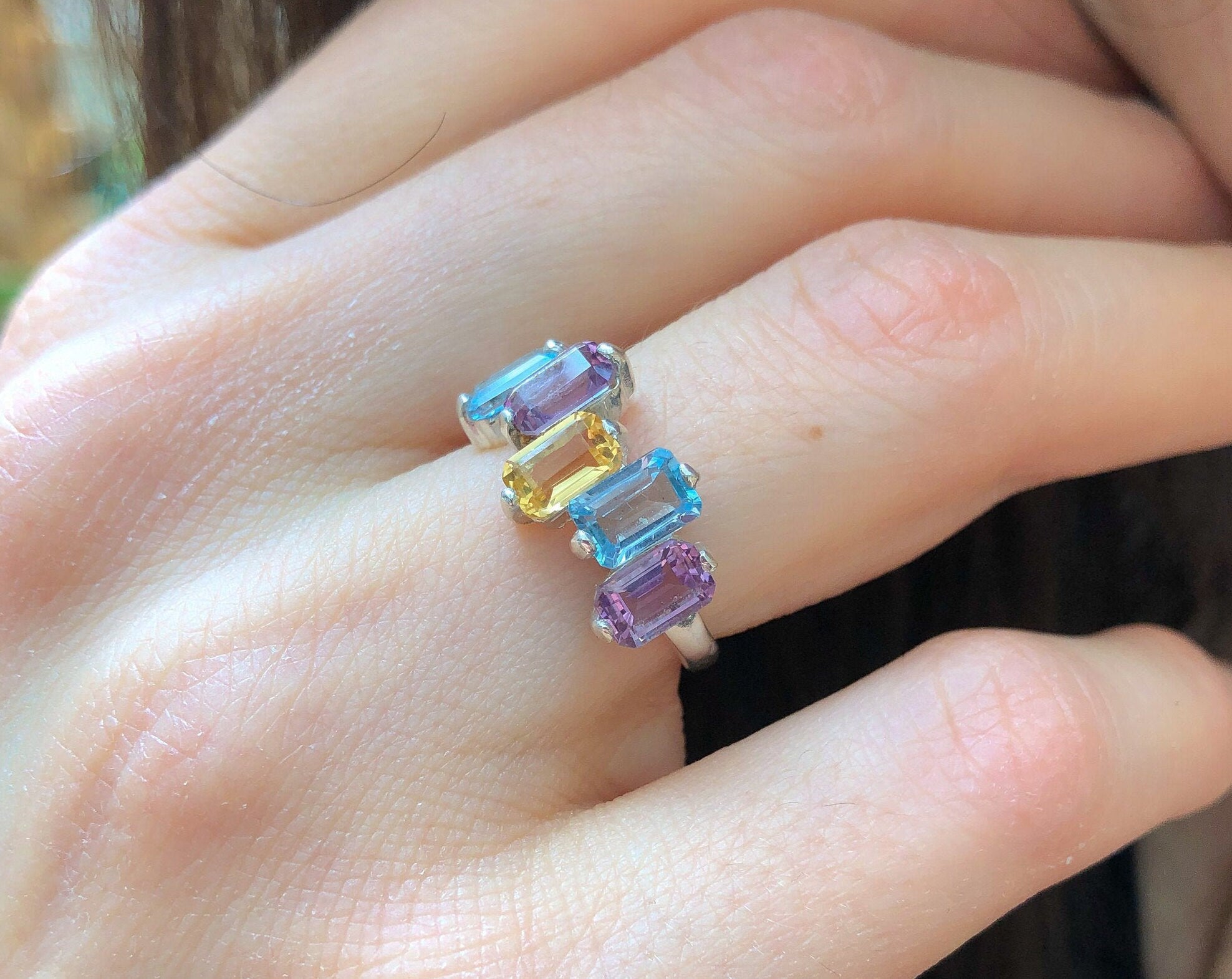 Amethyst, Citrine, and Topaz ring styled for colorful contemporary jewelry