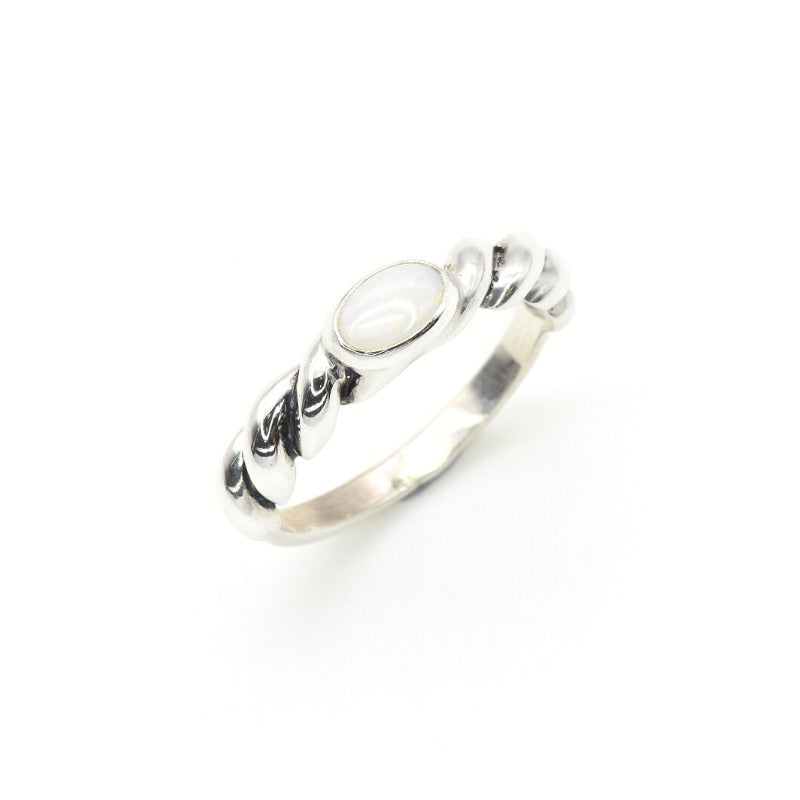 White Opal bezel ring with a twisted style band in solid 925 sterling silver, offering soothing energy and emotional balance, perfect as an October birthstone gift for birthdays, engagements, anniversaries, or meaningful celebrations.
