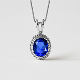 Blue Sapphire Pendant - Blue Oval Necklace, Silver Vintage Pendant