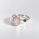 Rose Quartz And Emerald Ring - Genuine Rose Quartz - Unique Two-Stone Ring