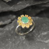 Chrysoprase and Opal Flower Ring in sterling silver featuring a green cabochon chrysoprase center framed with diamond cut opal petals, a statement jewelry style that enhances confidence and creativity while offering flashes of fire colors, making it a meaningful October birthstone gift idea. Perfect for weddings, formal dinners, and festive occasions to showcase elegance and charm.