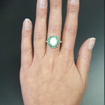 Opal halo floral ring with Genuine Emeralds in a vintage victorian flower halo, White cabochon center, and beaded Bubble Band for a bold statement cocktail look showing flashes of fire colors. Benefits include creativity, harmony, and calm. Ideal October birthstone gift with meaningful May emerald accents.
Worn for weddings, cocktail parties, anniversaries, graduations, garden events, and holiday gatherings.